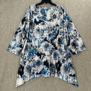 Catherines 3X Blue Floral Sharkbite Hem Asymmetrical Tunic Top Rhinestones